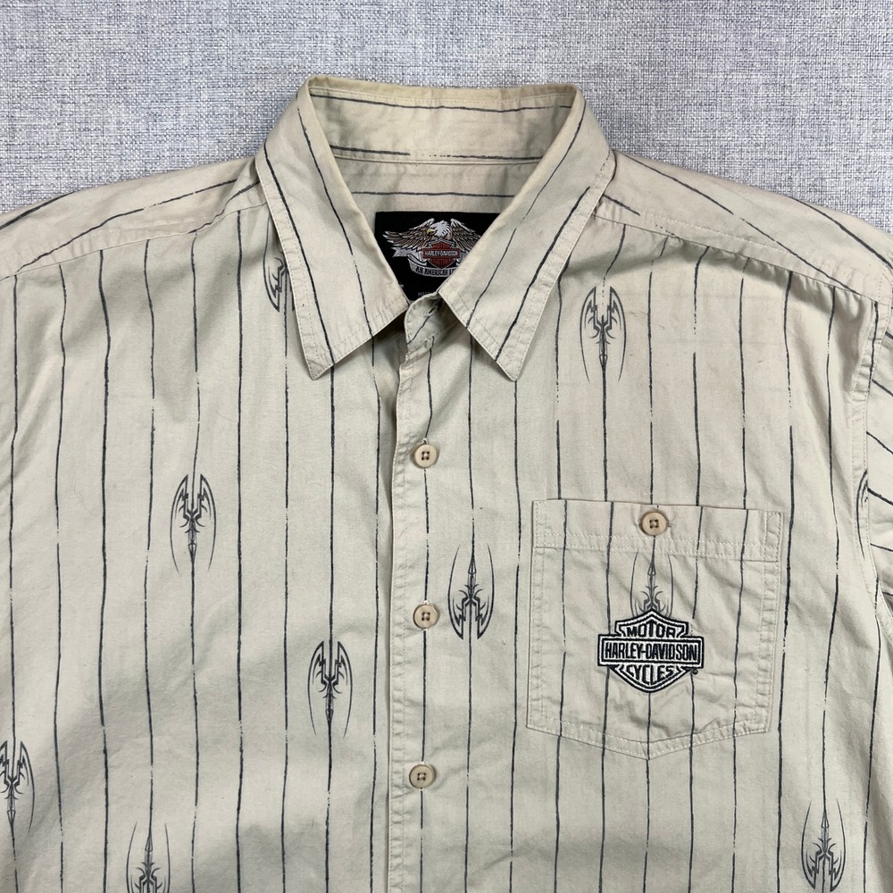 Harley Davidson Pinstripe Tribal Graphic Button Shirt Men L Tan Biker Mechanic